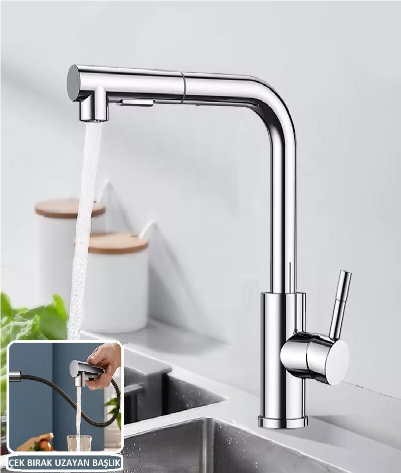 KROM SPİRALLİ EVİYE BATARYASI ÇİFT MODLU ÇEK BIRAK UZAYAN BAŞLIK PRİNÇ GÖVDE MUTFAK MUSLUK