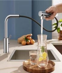 KROM SPİRALLİ EVİYE BATARYASI ÇİFT MODLU ÇEK BIRAK UZAYAN BAŞLIK PRİNÇ GÖVDE MUTFAK MUSLUK