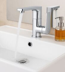 LAVABO BATARYASI KROM BANYO LAVABO MUSLUK AĞIR PRİNÇ GÖVDE DÖNER BORU MODERN LÜKS ARMATÜR GÜMÜŞ GRİ