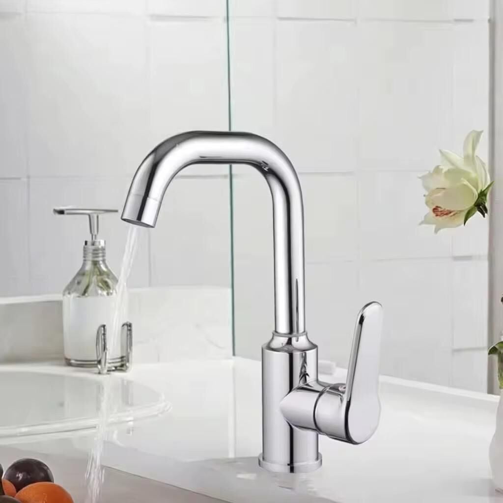 LAVABO BATARYASI KROM BANYO LAVABO MUSLUK AĞIR PRİNÇ GÖVDE DÖNER BORU MODERN LÜKS ARMATÜR GÜMÜŞ GRİ