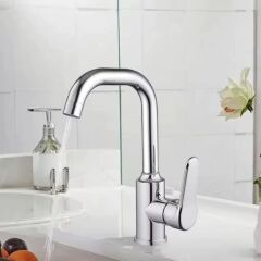 LAVABO BATARYASI KROM BANYO LAVABO MUSLUK AĞIR PRİNÇ GÖVDE DÖNER BORU MODERN LÜKS ARMATÜR GÜMÜŞ GRİ