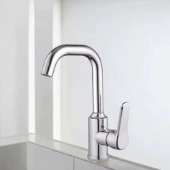 LAVABO BATARYASI KROM BANYO LAVABO MUSLUK AĞIR PRİNÇ GÖVDE DÖNER BORU MODERN LÜKS ARMATÜR GÜMÜŞ GRİ