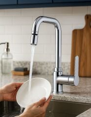 MUTFAK EVYE BATARYASI KROM MODERN 360 DERECE DÖNEBİLİR HAREKETLİ BAŞLIK PRİNÇ GÖVDE GARANTİ L MUSLUK