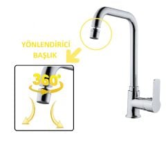 MUTFAK EVYE BATARYASI KROM MODERN 360 DERECE DÖNEBİLİR HAREKETLİ BAŞLIK PRİNÇ GÖVDE GARANTİ L MUSLUK