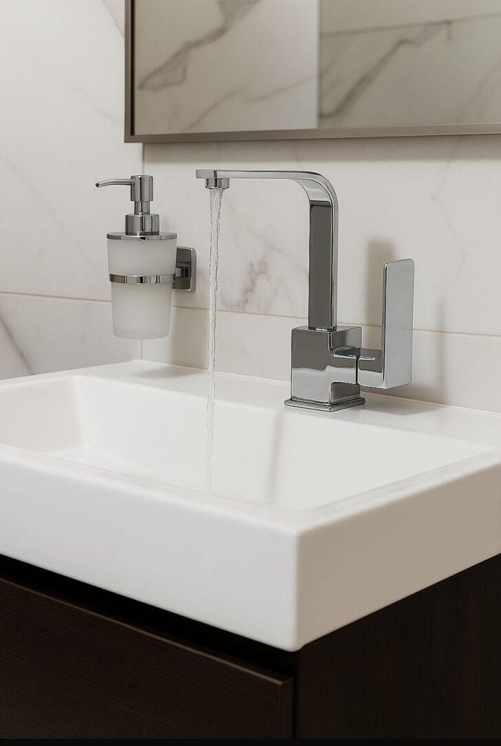 LAVABO BATARYASI KROM KARE BANYO LAVABO MUSLUK AĞIR PRİNÇ GÖVDE DÖNER BORU LÜKS ARMATÜR GÜMÜŞ GRİ