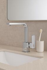 LAVABO BATARYASI KROM KARE BANYO LAVABO MUSLUK AĞIR PRİNÇ GÖVDE DÖNER BORU LÜKS ARMATÜR GÜMÜŞ GRİ