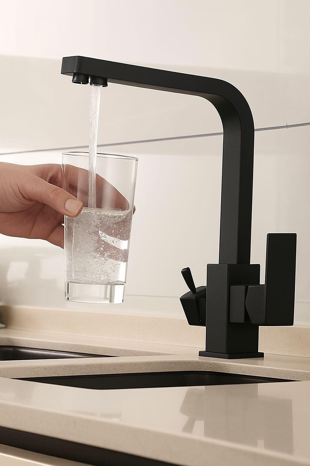 SİYAH KARE ARITMALI MUTFAK EVİYE BATARYASI 3 YOLLU L BORU LÜX SU TASARUFLU MUSLUK GARANTİLİ