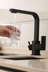 SİYAH KARE ARITMALI MUTFAK EVİYE BATARYASI 3 YOLLU L BORU LÜX SU TASARUFLU MUSLUK GARANTİLİ