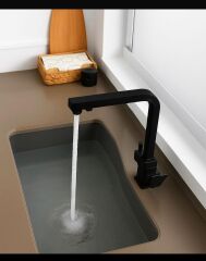 SİYAH KARE ARITMALI MUTFAK EVİYE BATARYASI 3 YOLLU L BORU LÜX SU TASARUFLU MUSLUK GARANTİLİ