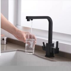 SİYAH KARE ARITMALI MUTFAK EVİYE BATARYASI 3 YOLLU L BORU LÜX SU TASARUFLU MUSLUK GARANTİLİ