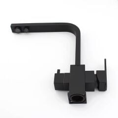 SİYAH KARE ARITMALI MUTFAK EVİYE BATARYASI 3 YOLLU L BORU LÜX SU TASARUFLU MUSLUK GARANTİLİ